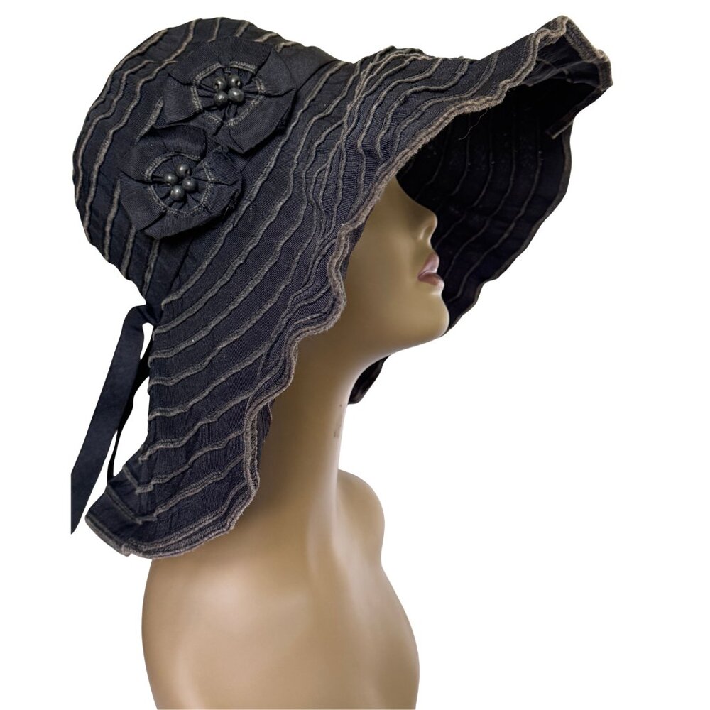 Vintage Black Wide Brim Sunhat with Flower Appliqué – Cottagecore Summer Hat
